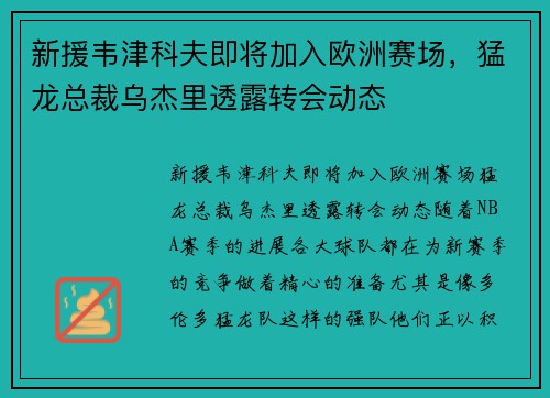 新援韦津科夫即将加入欧洲赛场，猛龙总裁乌杰里透露转会动态