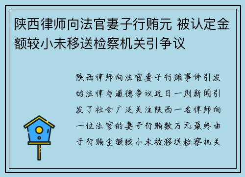 陕西律师向法官妻子行贿元 被认定金额较小未移送检察机关引争议