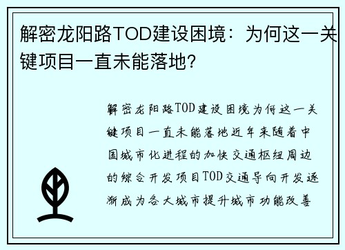 解密龙阳路TOD建设困境：为何这一关键项目一直未能落地？